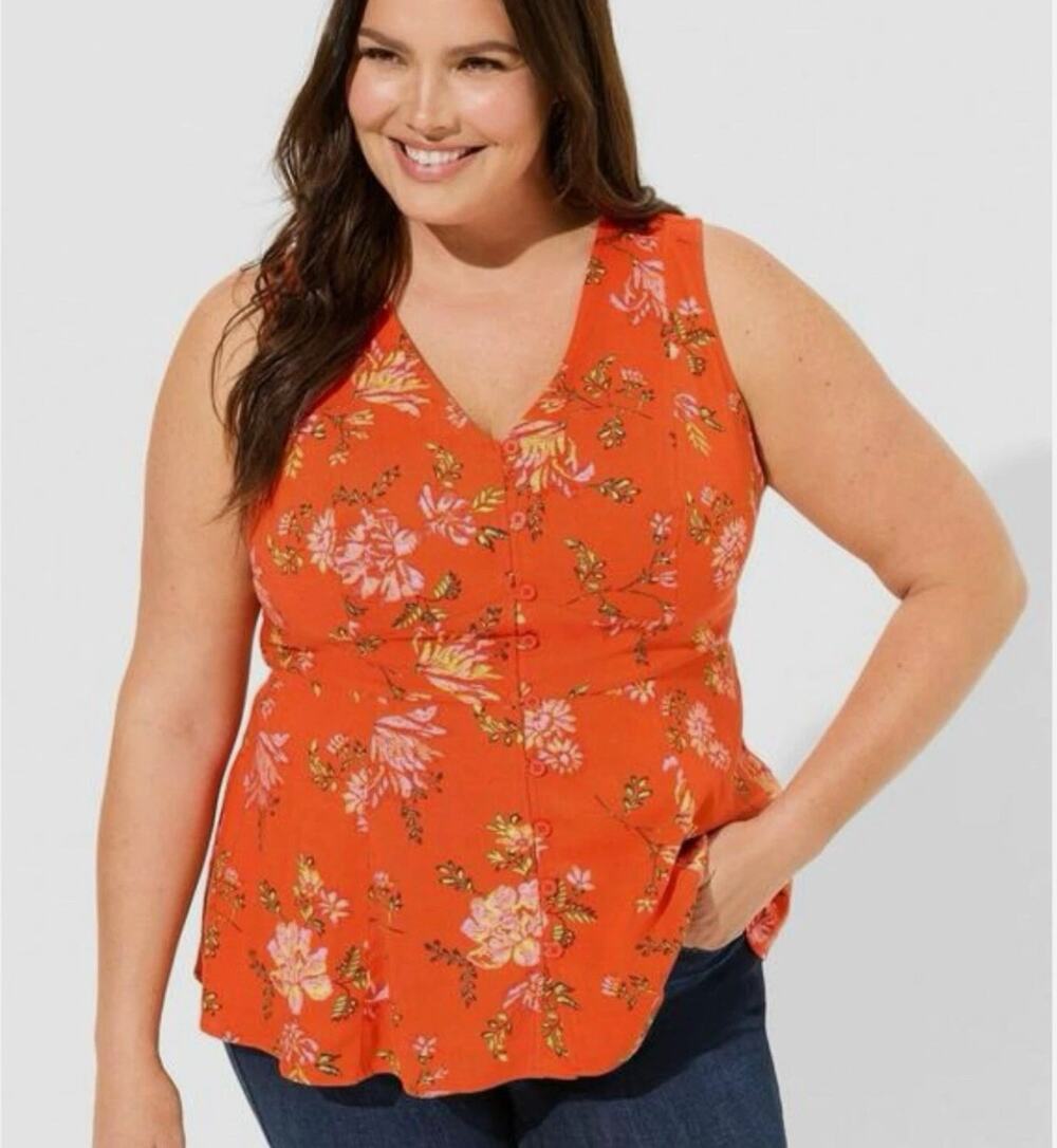 Torrid Red Orange Floral Rayon Slub Button Up Tank Top Size 1